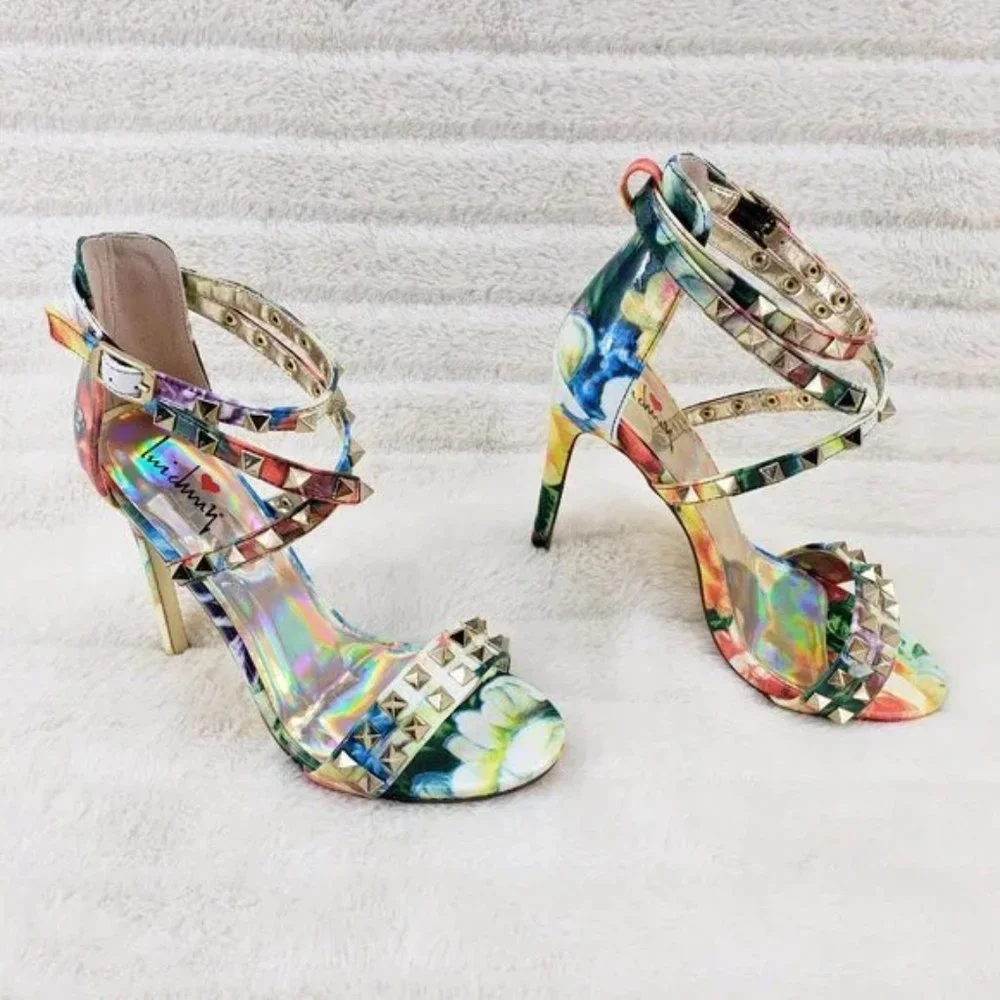 Sexy Riot Colorful Patent Gold Stud Cross Strap Sandal Shoe 4.5